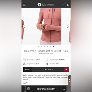 Lululemon Hooded Define Jacket *Nulu. Size 2. Heathered Brier Rose. Preloved